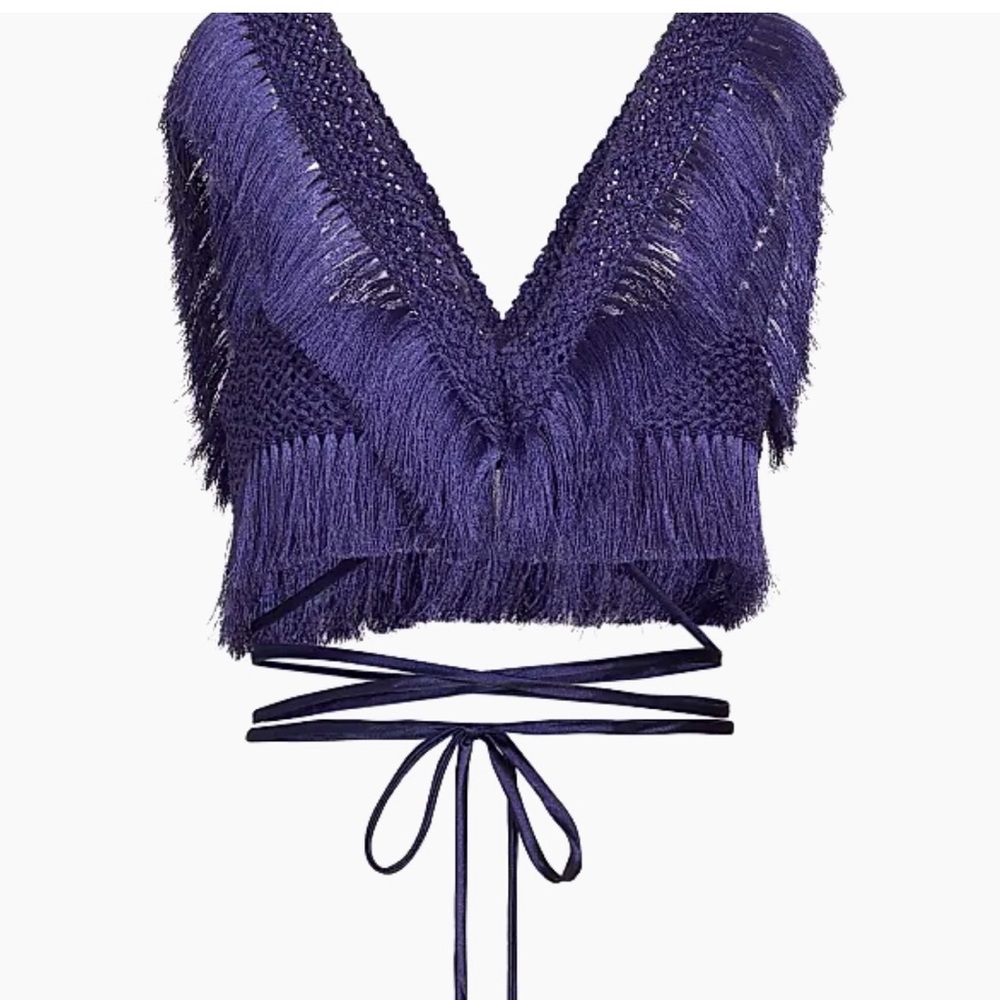 Blue Fringe Knit Crop Top - PATBO